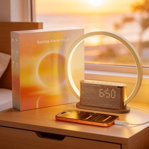 wood grain alarm clock with sunrise lamp &, main product view