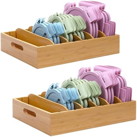 Bamboo Lid Holder Food Container, Kitchen Organizer with 5 Adjustable Divider...