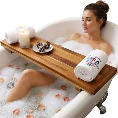 EcoDecors 34" Natural Teak Bath Tray for Tub, Bathtub Table