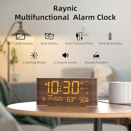 raynic digital alarm clock, 8.7" large led display shown in use