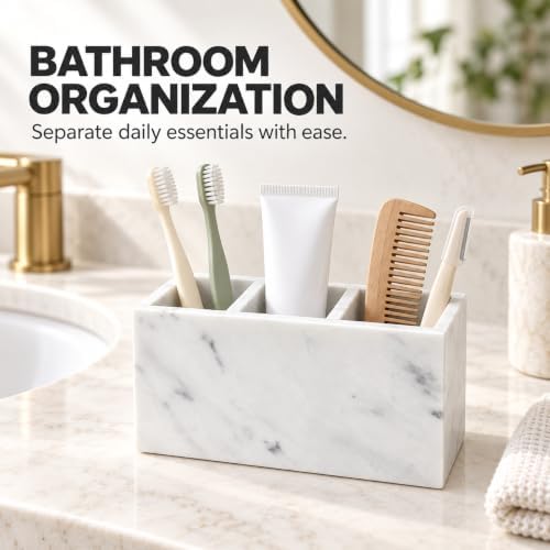 White Marble Pen Holder with 3 Compartments, Natural Stone Desk Organizer
