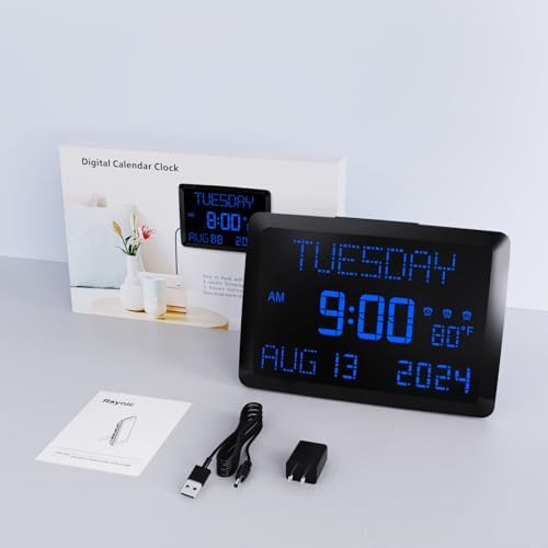 raynic digital clock, 11.5" large display calendar clock on a desk or shelf