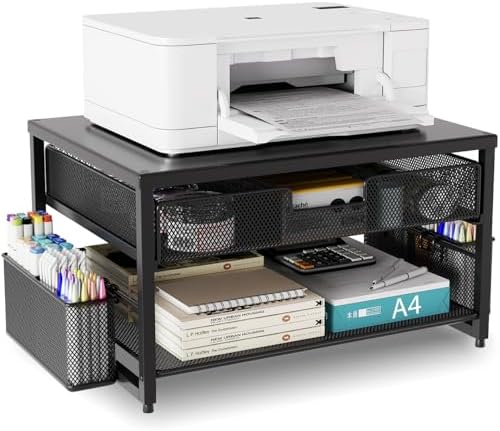 Metal Desktop Printer Stand with Storage Drawer & 2 Pen Holders,2 Tier Ho...
