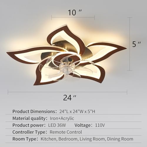 flower modern ceiling fans with lights, low profile showing dimensions