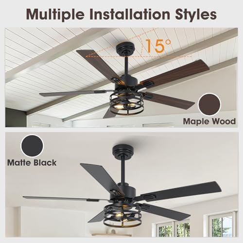 52" farmhouse ceiling fan with light, 6-speed dc showing dimensions