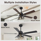 52" farmhouse ceiling fan with light, 6-speed dc showing dimensions