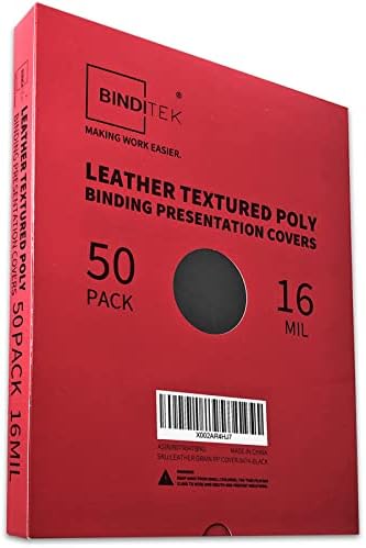 Binditek 16 Mil Leather-Textured Polycovers, 8.5x11 Inches, Black, 50 Pack | Leather-Textured Binding Covers, 8.5x11 Inches Letter Size, Plastic Binding Presentation Covers, Square Corners, Unpunched
