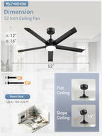 zmishibo 52 inch ceiling fans with lights, bend-resistant showing dimensions