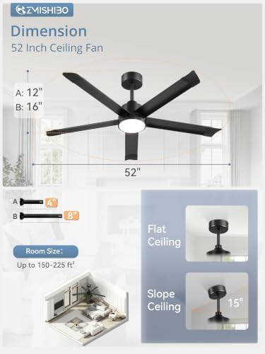 zmishibo 52 inch ceiling fans with lights, bend-resistant showing dimensions