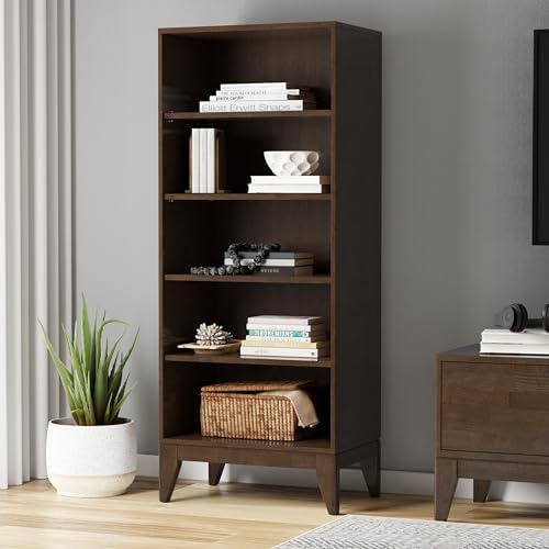 SIMPLIHOME Harper 66" Tall Solid Wood 5-Shelf Bookcase in Walnut Brown