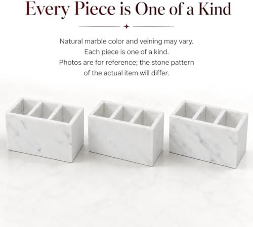 White Marble Pen Holder with 3 Compartments, Natural Stone Desk Organizer
