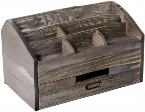 Rustic Wood Desk Organizer and Storage with Drawer and Pen Holder Bill Mail O...