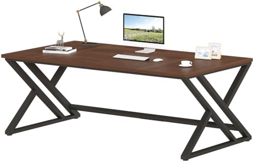 LVB Walnut Large Office Desk, Modern Long Wood Metal Computer Desk 78.7 in | Industrial Rustic Double Workstation Desk for Two People, Vintage PC Executive Work Study Writing Computer Table for Home