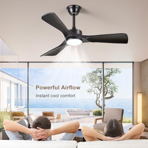 black ceiling fan with light: 42-inch ceiling fan, front angle view