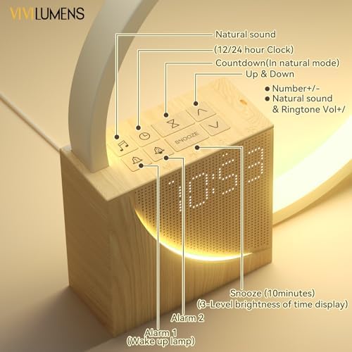 vivilumens sunrise alarm clock with sound machine for, front angle view