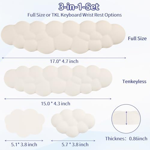 Cloud Wrist Rest Keyboard, Cloud Keyboard Wrist Pad Set with PU Leather Memory Foam, Cute Arm Rest for Palm Support, PC/Gaming Desk Accessories/Office Setup/Computer Hand Cushion - Beige