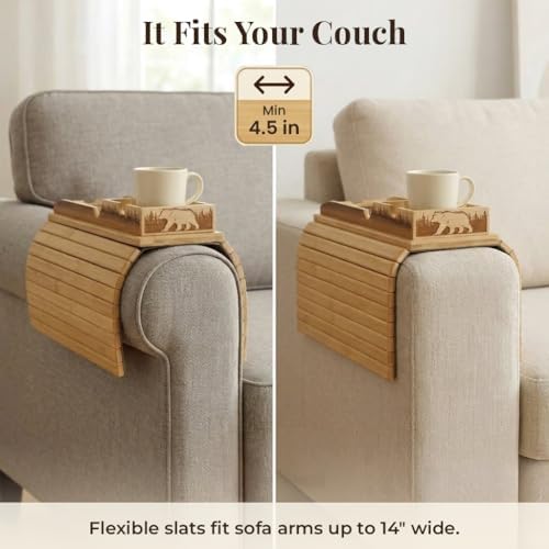 Bamboo Couch Armrest Table, 2-in-1 Foldable Sofa Arm Tray with Scratch-Free P...