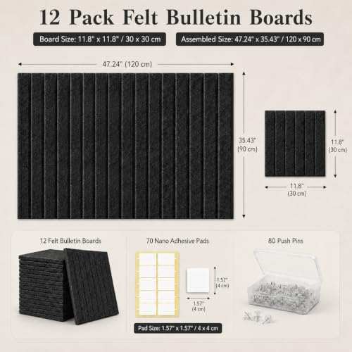 Large Felt Bulletin Board, 48" x 36", 12 Black Felt Tiles