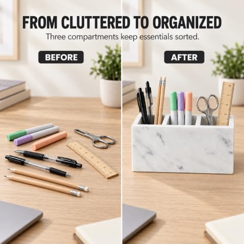 White Marble Pen Holder with 3 Compartments, Natural Stone Desk Organizer