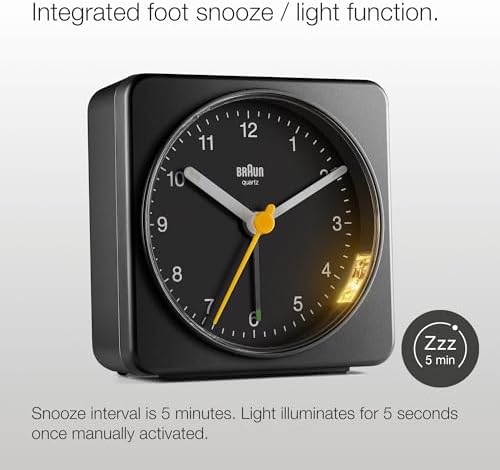 braun classic analogue alarm clock with snooze and, side view