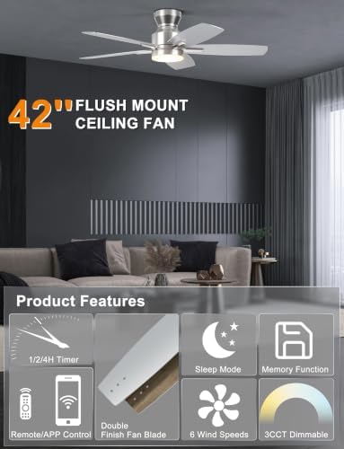 ohniyou 42'' silver low profile ceiling fan with, close-up detail