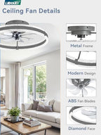 lediary ceiling fans with lights and remote, 20'', front angle view