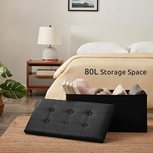 YOUDENOVA 30" Ottoman with Storage, Folding Faux Leather Bench, Black