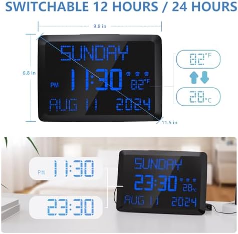 raynic digital clock, 11.5" large display calendar clock showing dimensions