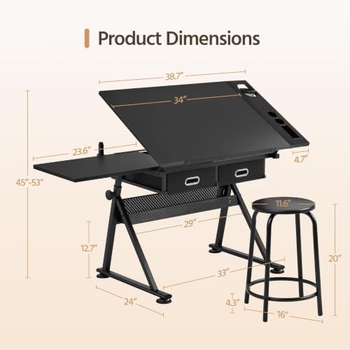 yaheetech adjustable drafting table art desk,storage drawers &, close-up detail