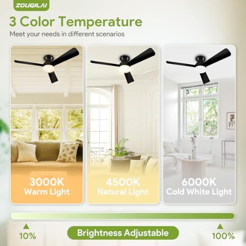 42'' black low profile ceiling fans with lights, side view