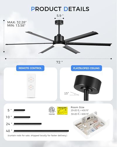 72-inch large ceiling fan with light, aluminum blades,matte showing dimensions