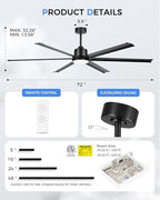 72-inch large ceiling fan with light, aluminum blades,matte showing dimensions