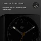braun classic analogue alarm clock with snooze and showing dimensions