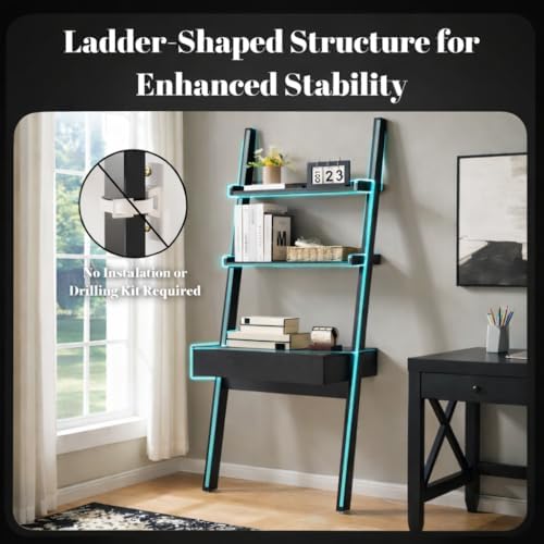 Home Office Desk with Ladder Shelf & Drawer, Computer Writing Desk with S...