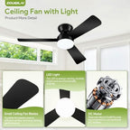 42'' black low profile ceiling fans with lights, front angle view