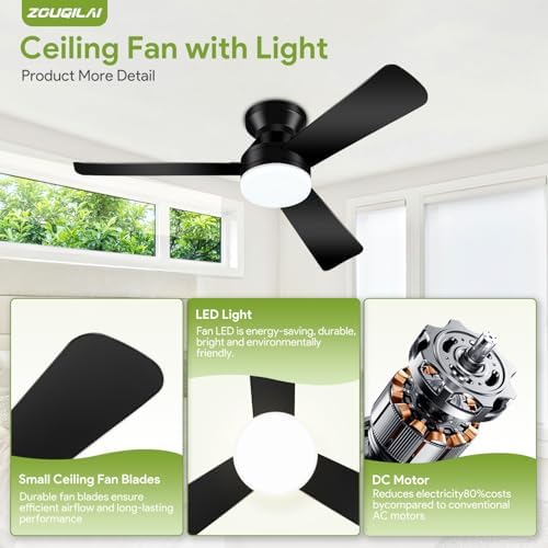 42'' black low profile ceiling fans with lights, front angle view