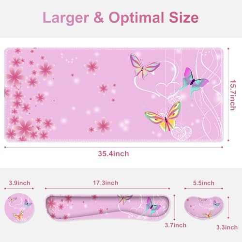 Pink Butterfly Desk Mat, Florals 4 in1 Large Gaming Mouse Pad Set, Ergonomics Keyboard Pad with Memory Foam Wrist Rest, Extended Game Mousepad Non-Slip Desk Protector Matt Easy Typing Pain Relief