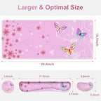 Pink Butterfly Desk Mat, Florals 4 in1 Large Gaming Mouse Pad Set, Ergonomics Keyboard Pad with Memory Foam Wrist Rest, Extended Game Mousepad Non-Slip Desk Protector Matt Easy Typing Pain Relief