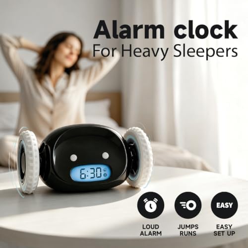 clocky runaway digital loud rolling alarm clock for shown in use