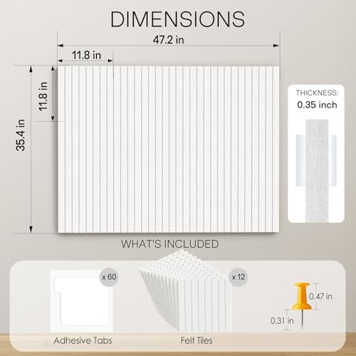 MaxGear Bulletin Board 48" x 36", White Felt Wall Tiles Home Decor