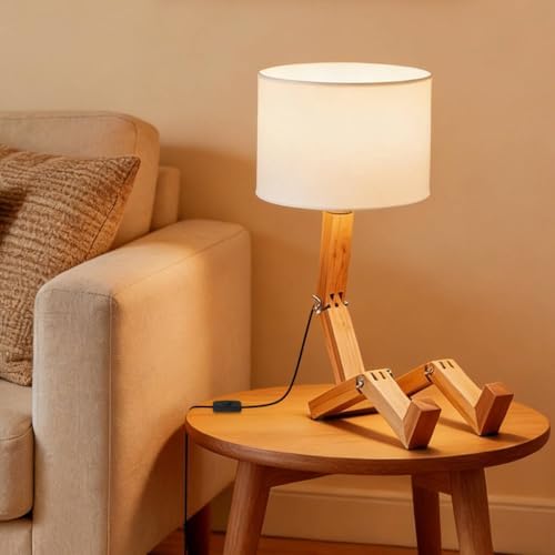 Robot Bedside Lamp, Fabric Lampshade Match Foldable Solid Wood Body, Creative...