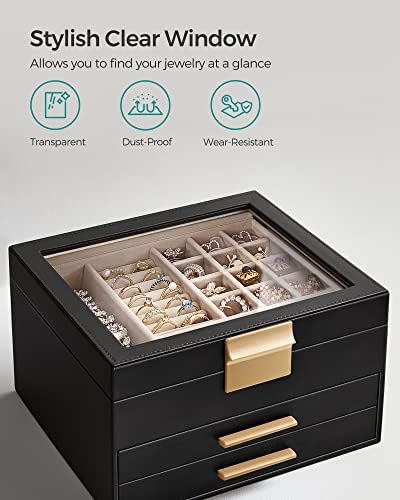 SONGMICS Jewelry Box Organizer, 3-Layer Storage with 2 Drawers, Glass Lid