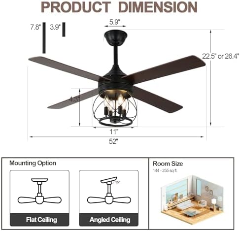 52" farmhouse rustic caged chandelier fan with light showing dimensions