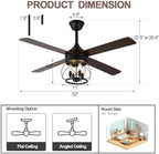 52" farmhouse rustic caged chandelier fan with light showing dimensions