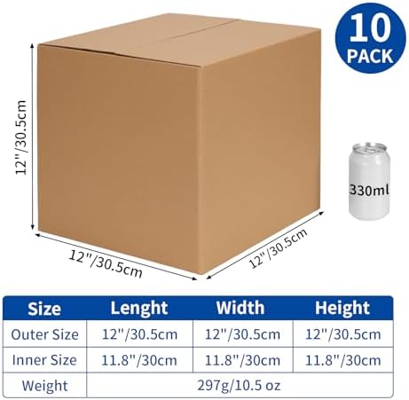 crugla 12x12x12 shipping boxes 10 pack, brown corrugated, side view