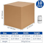 crugla 12x12x12 shipping boxes 10 pack, brown corrugated, side view