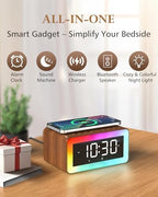 alarm clock for bedroom, wireless charging, bluetooth speaker shown in use