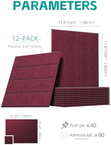 Felt Bulletin Board Tiles 48"x36", 12-Pack, Self-Adhesive Pin Board...