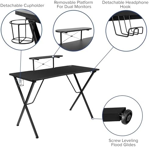 Flash Furniture Optis Black Gaming Desk and Black Footrest Reclining Gaming Chair Set with Cup Holder, Headphone Hook, and Monitor/Smartphone Stand | Cup Holder, Headphone Hook, Monitor/Smartphone Stand