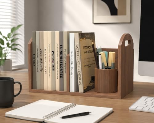 Wood Desktop Bookshelf, Upright Tabletop Book Shelf With Adjustable Divider S...